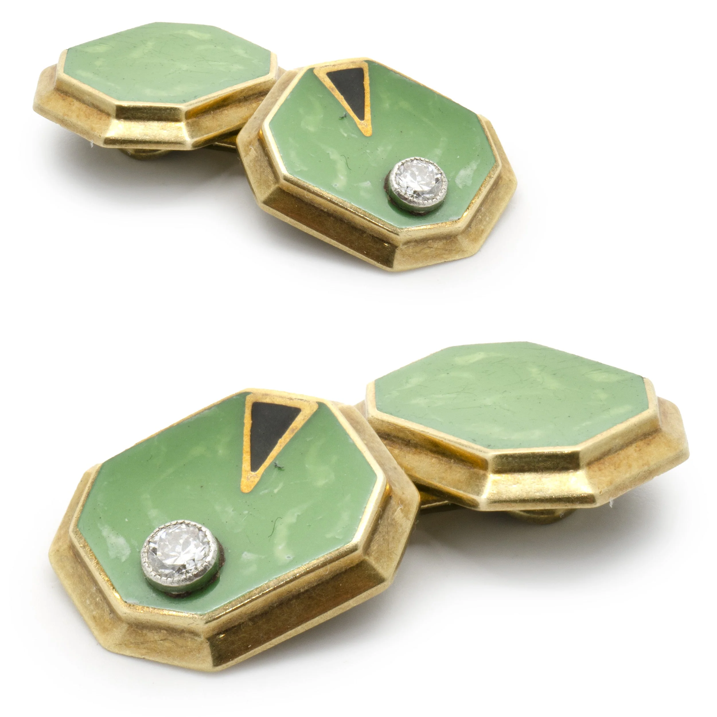 William Huger & Co. 14 Karat Yellow Gold Vintage Diamond and Enamel Cufflinks - Image 3