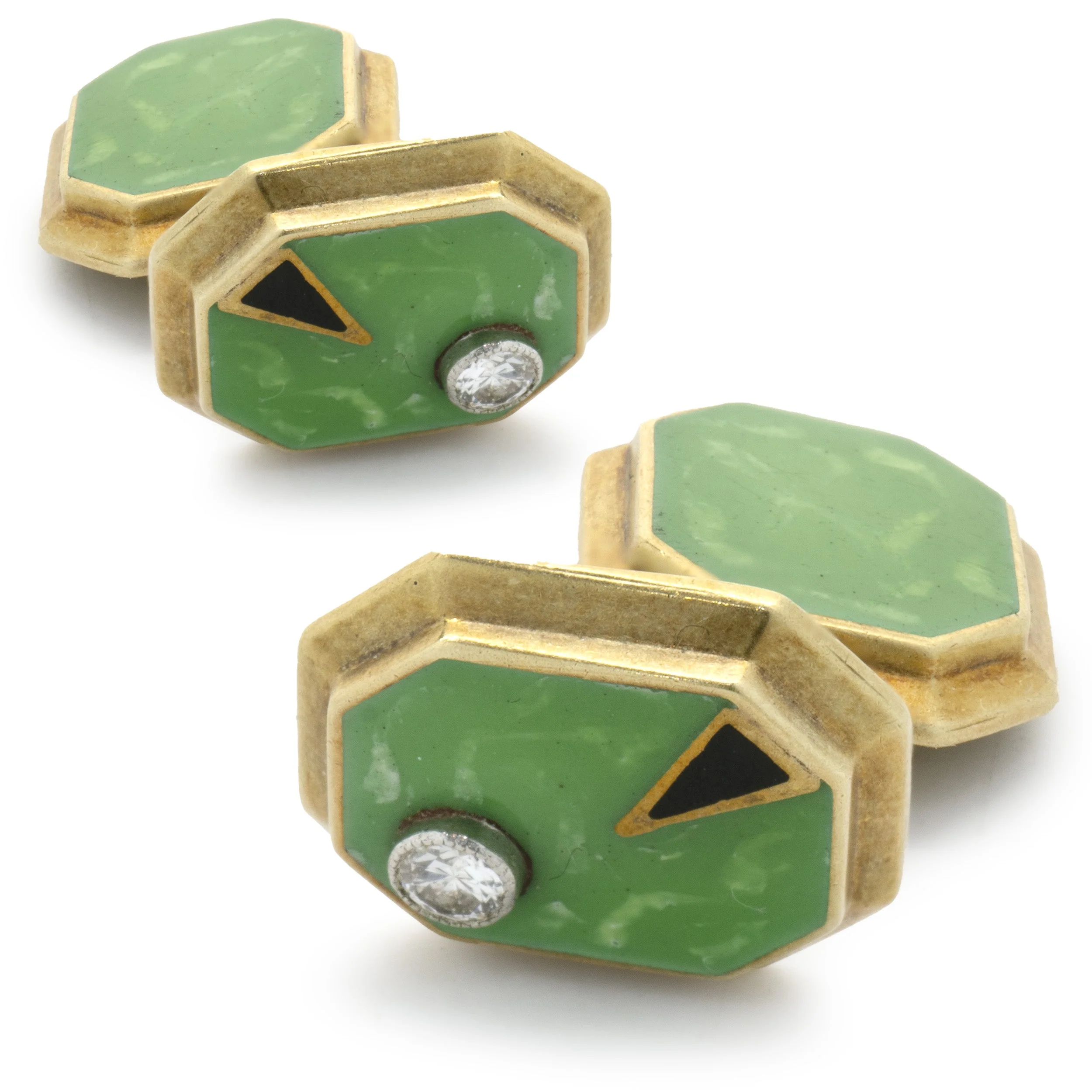 William Huger & Co. 14 Karat Yellow Gold Vintage Diamond and Enamel Cufflinks - Image 4