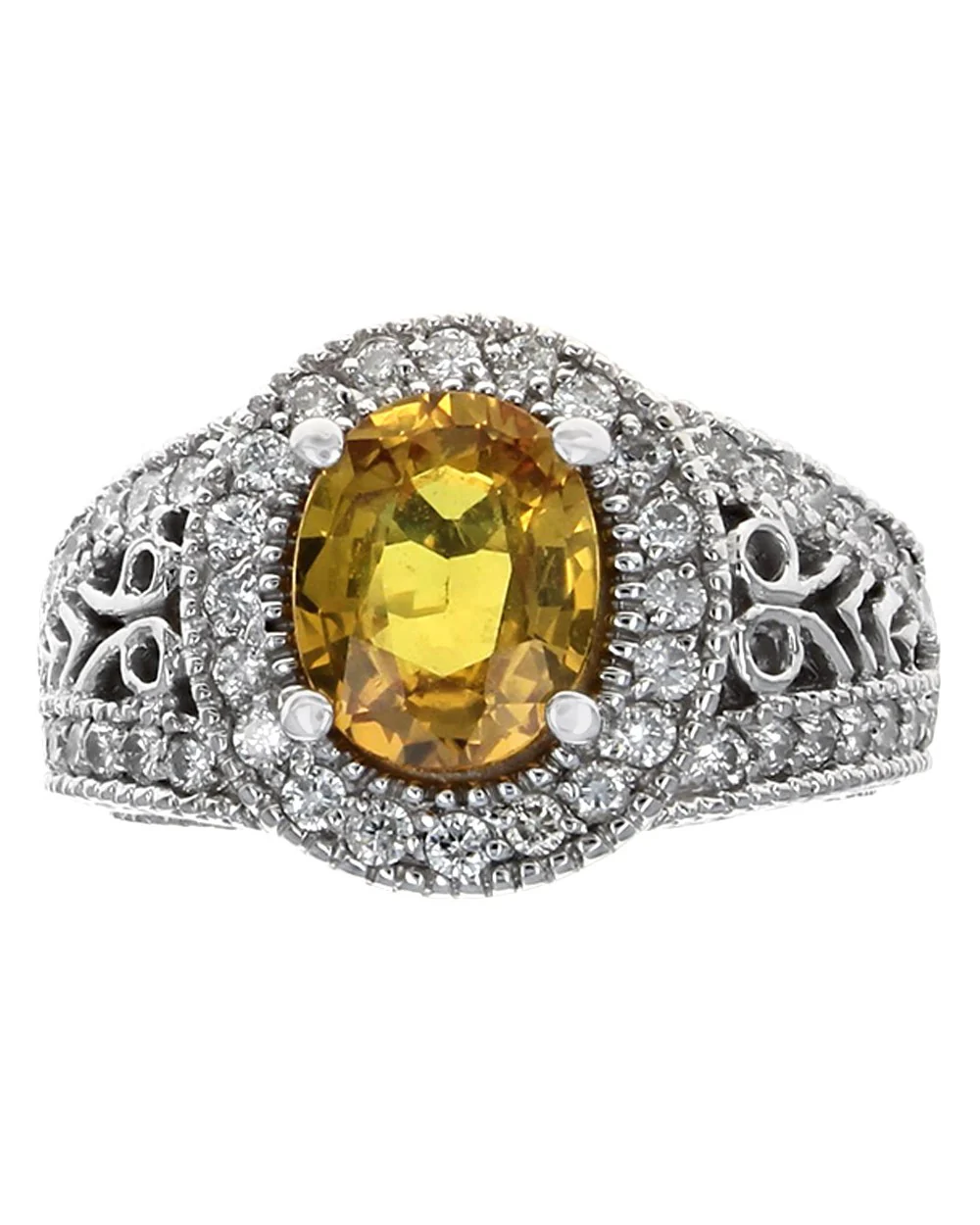 Yellow Sapphire and Diamond Halo Split Shank Ring - Image 2