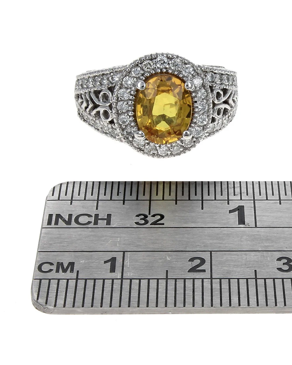 Yellow Sapphire and Diamond Halo Split Shank Ring - Image 3