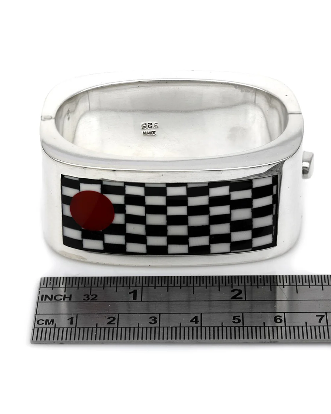 Zina Black & White Checkerboard Wide Bangle in Silver - Image 3