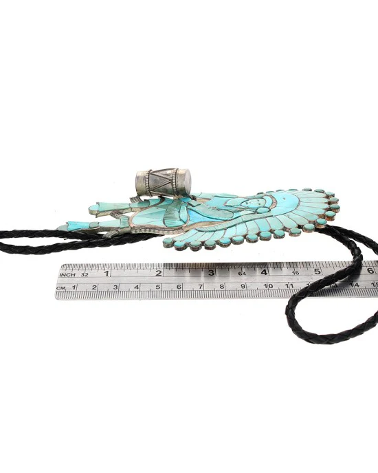 Zuni Eddie Beyuka Sterling Silver Turquoise Dancer With Drum Bolo Tie - Image 3