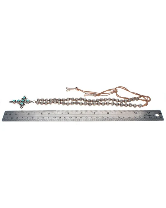 Zuni Sterling Silver Bead Turquoise & Coral Reversible Cross Necklace - Image 4